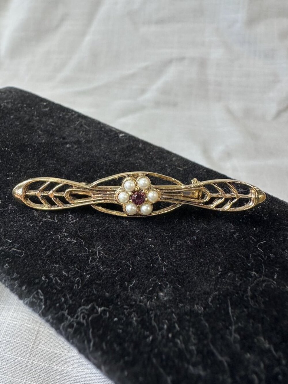Vintage 1928 Gold Tone Bar Pin with Seed Pearl and Purple Stone Flower Accent